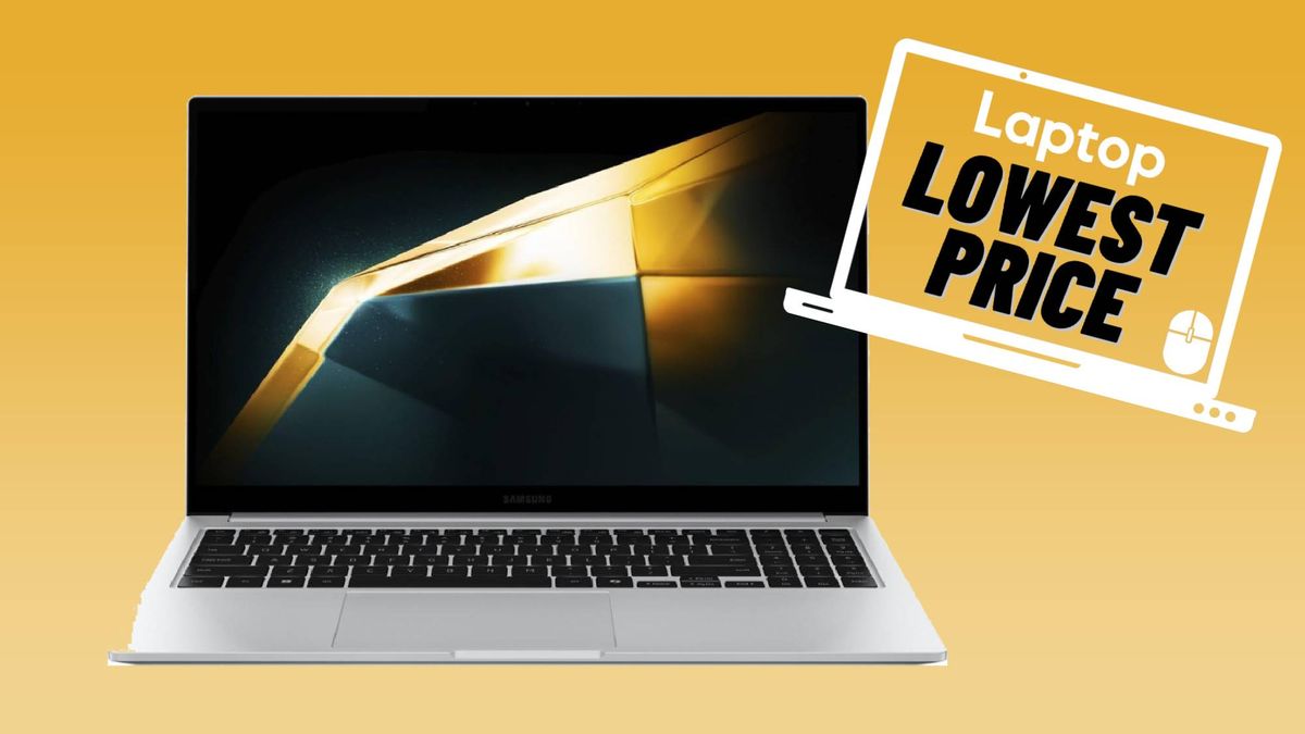 Silver Samsung Galaxy Book 4 laptop against an orange gradient background with lowest price deals badge