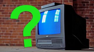 A Samsung CRT TV with a built-in VCR in front of a brick wall, with a green question mark floating over it