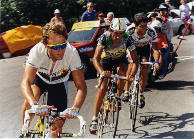 Greg LeMond leads Spaniards Marino Lejarreta and Miguel Indurain during stage 16 of the 1990 Tour de France