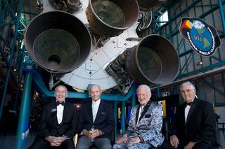 Taking part in the July 15, 2017, gala at NASA's Kennedy Space Center, left to right: Apollo 7's Walt Cunningham; Michael Collins of Apollo 11; Buzz Aldrin; and Harrison Schmitt of Apollo 17.