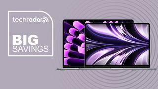 Apple MacBook Air M3 and M2 on purple background with big savings text overlay
