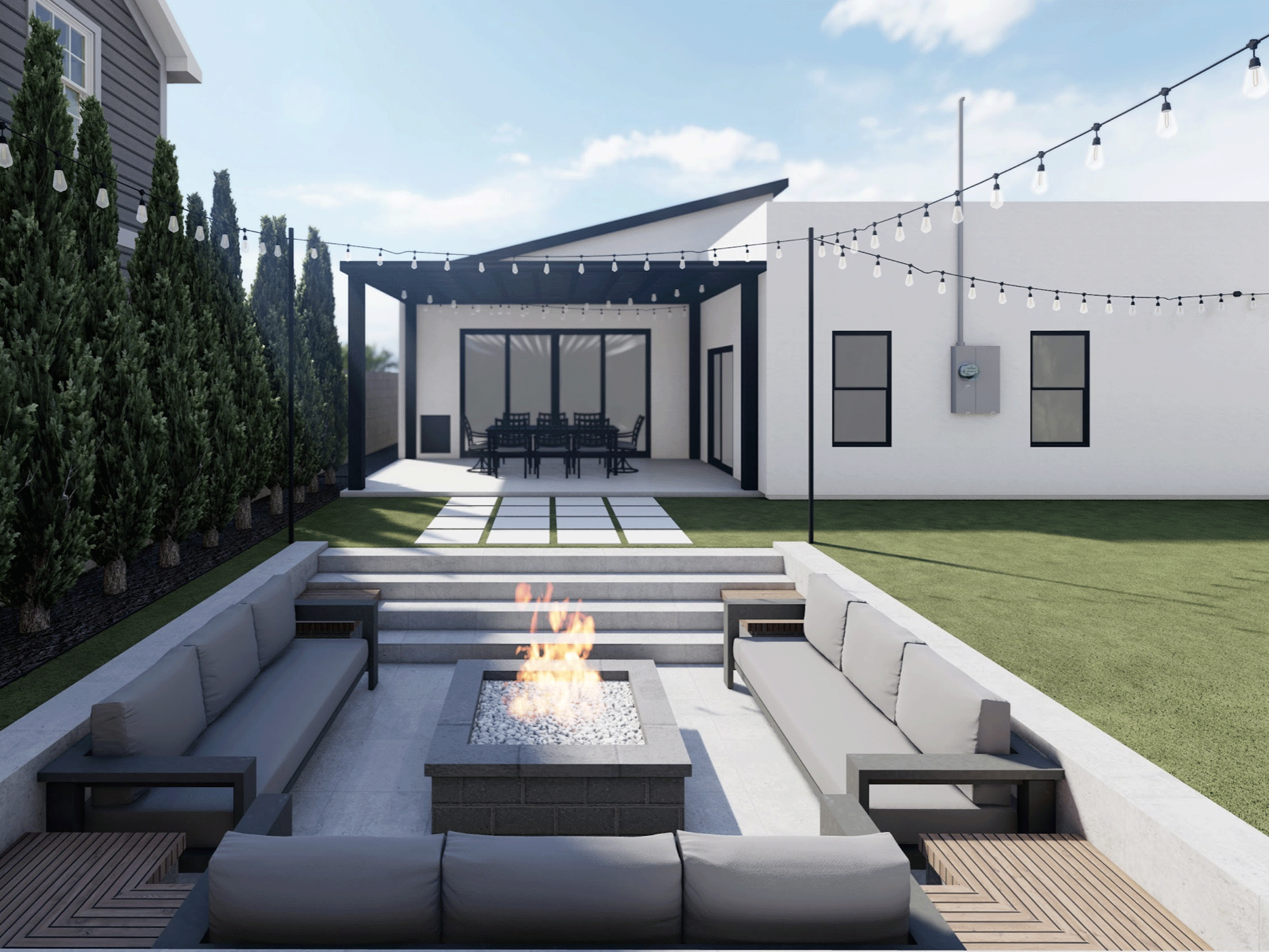 sunken garden room with firepit and sofas
