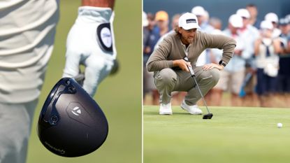 A close-up of Bryson DeChambeau's driver, with Tommy Fleetwood lining up a putt