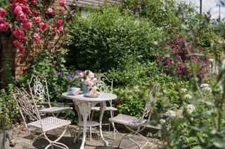 rose care tips: cottage garden patio with climbing rose