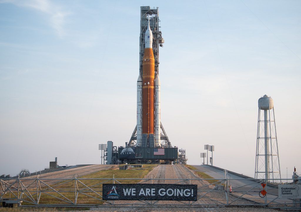 NASA's Artemis 1 moon rocket seen on the pad on Aug. 17, 2022, shortly after rollout completed.