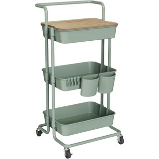 A three tiered green rolling storage cart