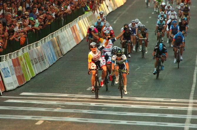Andre Greipel and Greg Henderson (Lotto Belisol) celebrate winning the warm-up criterium ahead of Tour Down Under