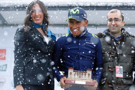 Nairo Quintana on the stage 2 podium at Vuelta Asturias
