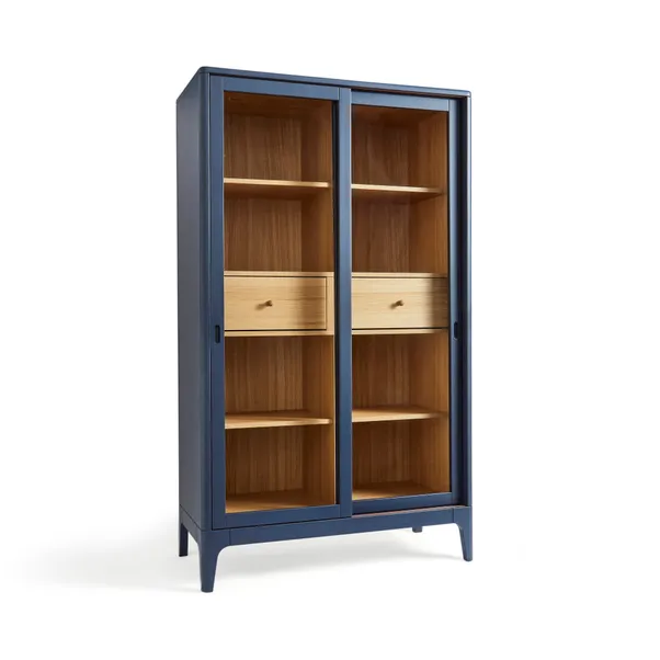 blue glazed cabinet with wood interior