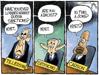 Political Cartoon U.S. Tillerson Sessions Carson Russia