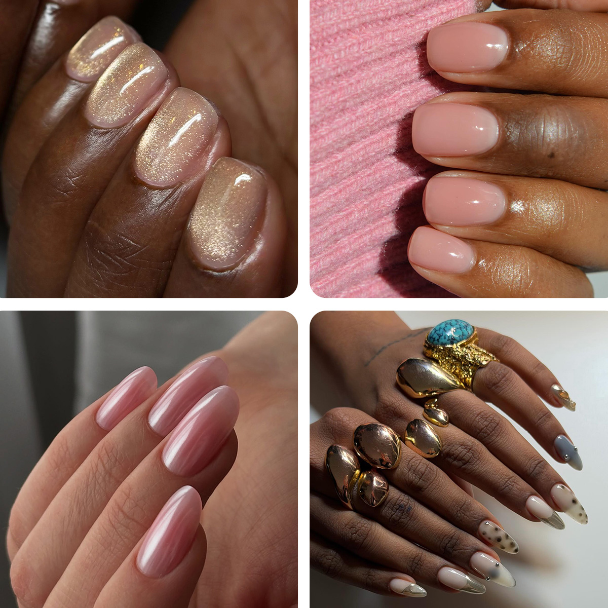 A collage of different types of manicures on different skin tones.