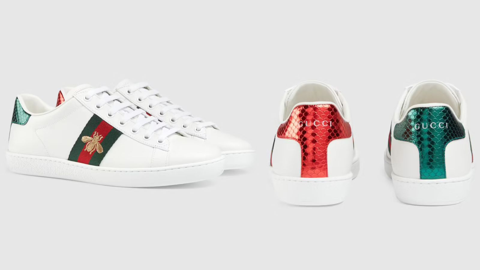 gucci white trainers with red and white web stripe and gold bee