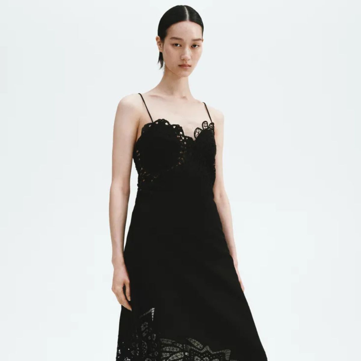 Woman wears a black lace spring dress from H&amp;M