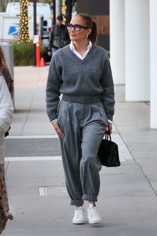 Jennifer Lopez wears all-grey in Beverly Hills.