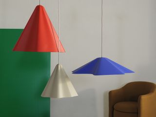 multi colored modern pendant lights in a modern living room