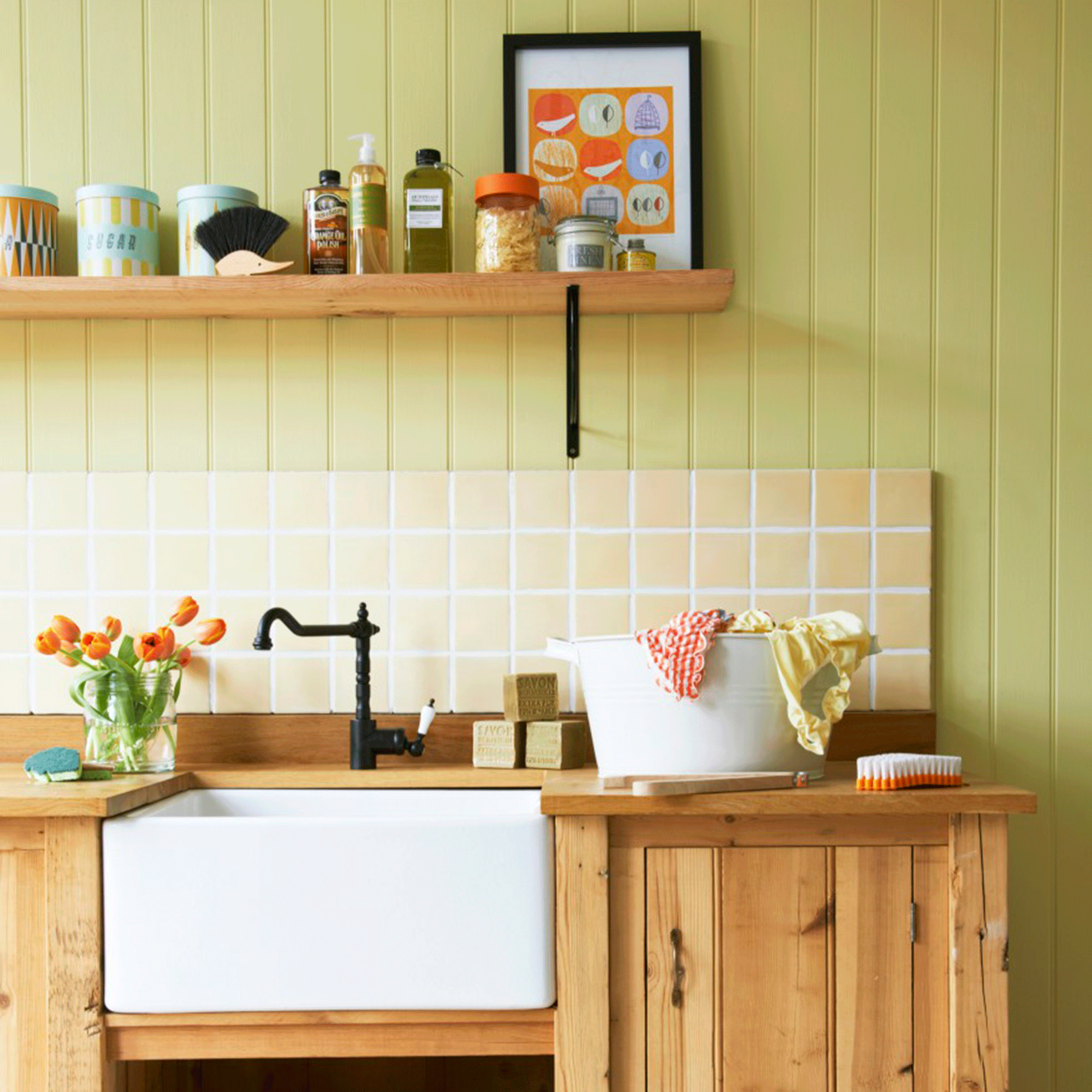 Green and yellow utility room with wooden features