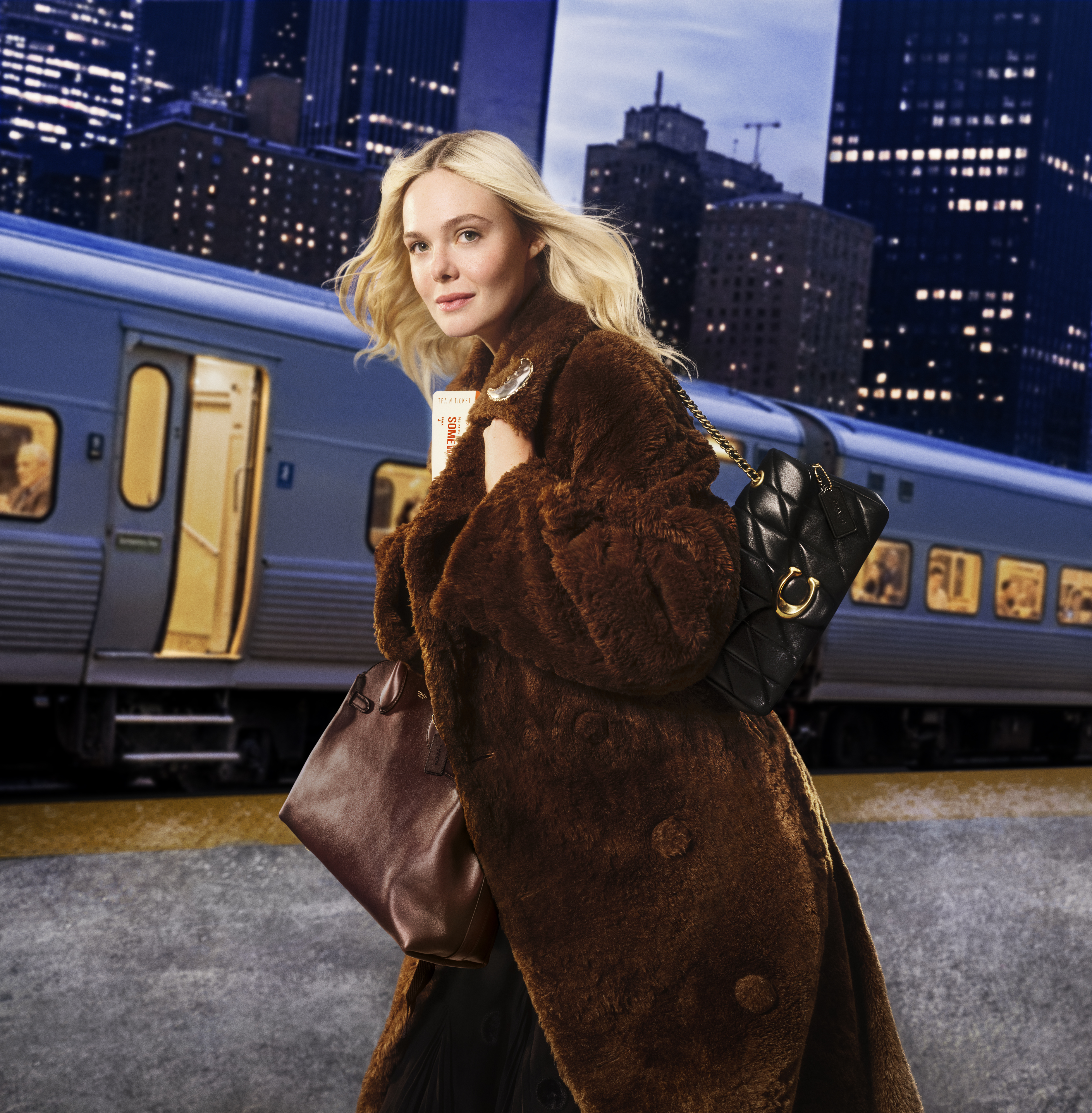 Elle Fanning in a Coach campaign carrying two bags with an oversize teddy coat