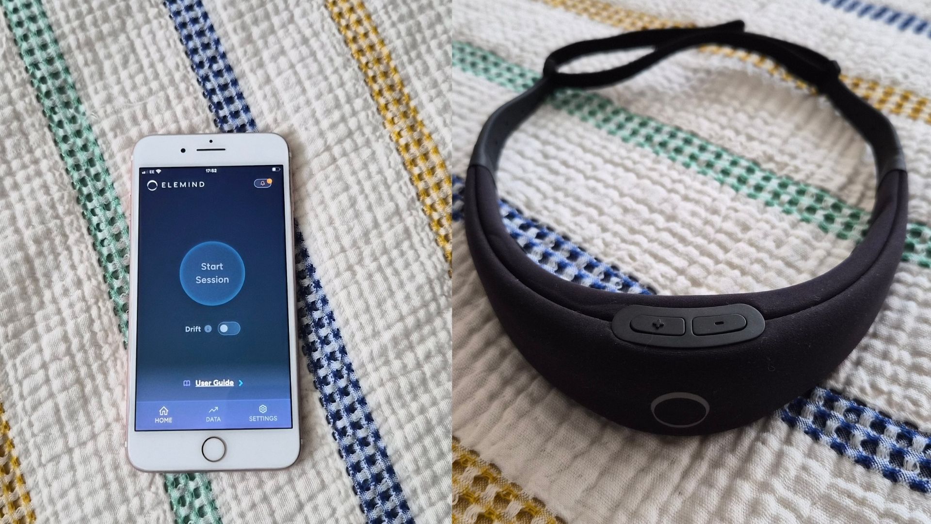 The image shows the screen of an iphone with the words 'start session' on the left and a black sleep headband on the right, both placed on a stripy duvet