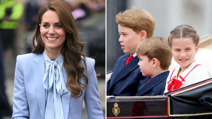 Composite of a picture of Kate Middleton in Carrickfergus on October 06, 2022 and Prince George, Charlotte and Louis riding in a carriage at Trooping the Colour 2023