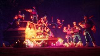 a group of vampire hunters by candelight standing on top of a van