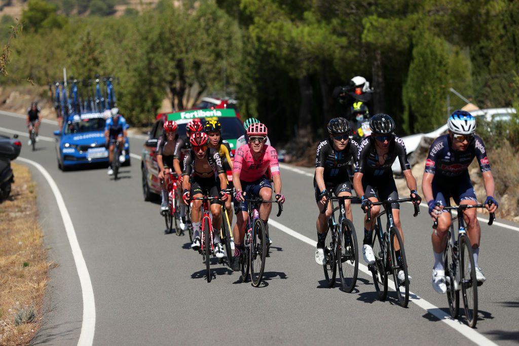 BALCON DE ALICANTE SPAIN AUGUST 20 LR Lawson Craddock of United States and Team EF Education Nippo and Michael Storer of Australia and Team DSM compete in the breakaway during the 76th Tour of Spain 2021 Stage 7 a 152km stage from Ganda to Balcn de Alicante 995m lavuelta LaVuelta21 on August 20 2021 in Balcn de Alicante Spain Photo by Gonzalo Arroyo MorenoGetty Images