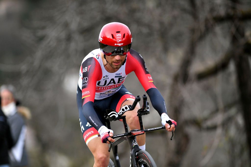 ALES FRANCE FEBRUARY 06 Diego Ulissi of Italy and UAE Team Emirates sprints during the 52nd toile De Bessges Tour Du Gard 2022 Stage 5 a 11km individual time trial from Als to Als lErmitage ITT EDB2022 on February 06 2022 in Als France Photo by Luc ClaessenGetty Images