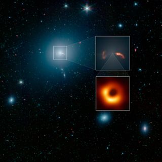 A NASA image shows the M87 galaxy, in the middle of which is the black hole that was imaged for the first time earlier this month (bottom-most box). The top zoomed-in box shows the shockwaves caused by jets of plasma spewed out from the black hole.