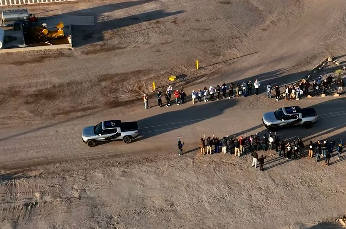Blue Origin's NS-21 crew departs for the launch pad in two electric Riven trucks.