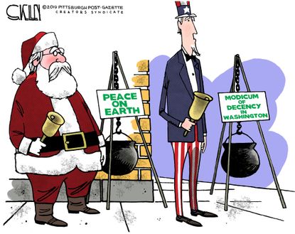 Political Cartoon U.S. Bell Ringers Christmas Peace On Earth Washington