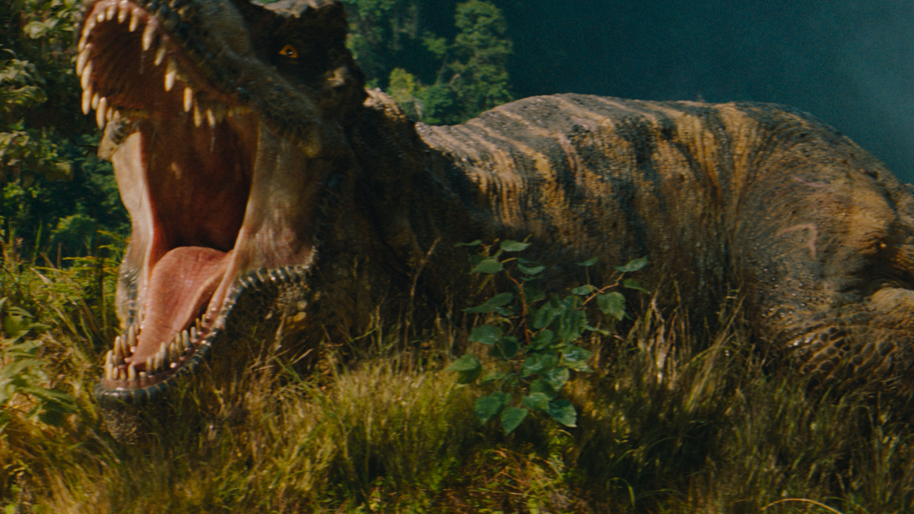 A T-Rex roars straight at the camera in Jurassic World Rebirth.