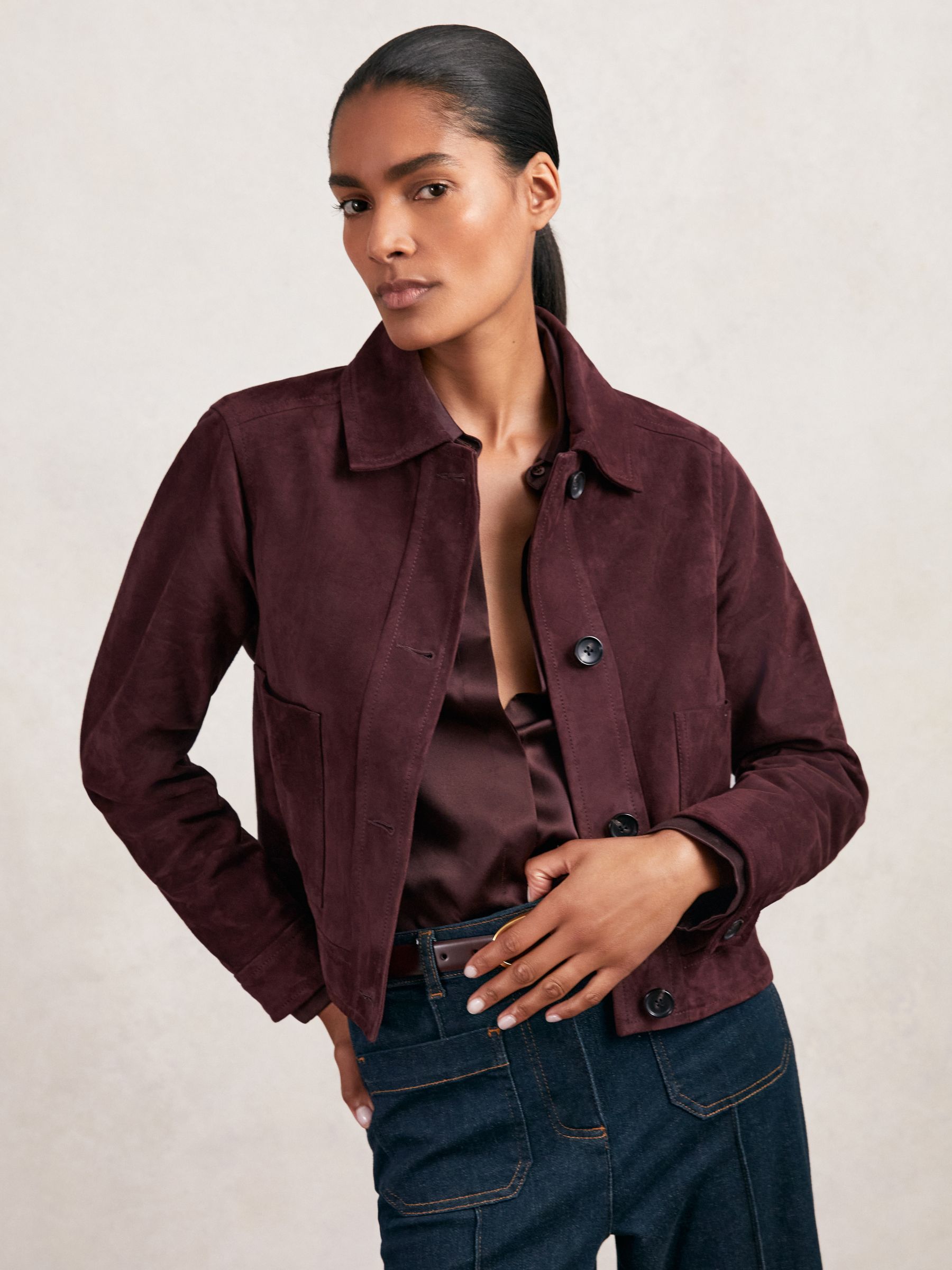 Suede Button-Through Jacket in Burgundy