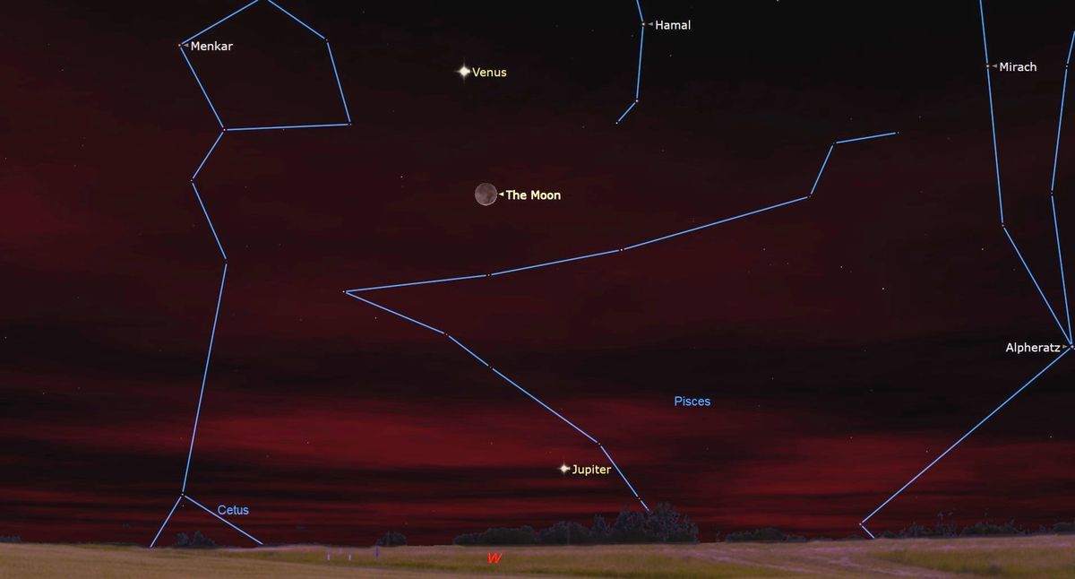 graphic from Starry Night software showing the faintly illuminated young moon below Venus shining brightly.