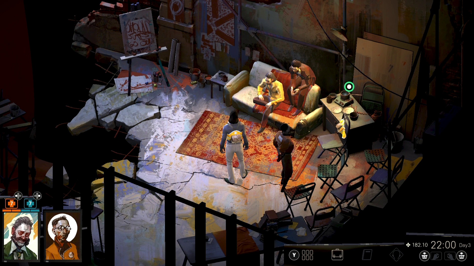 The detective speaks to two people sitting on a couch in Disco Elysium