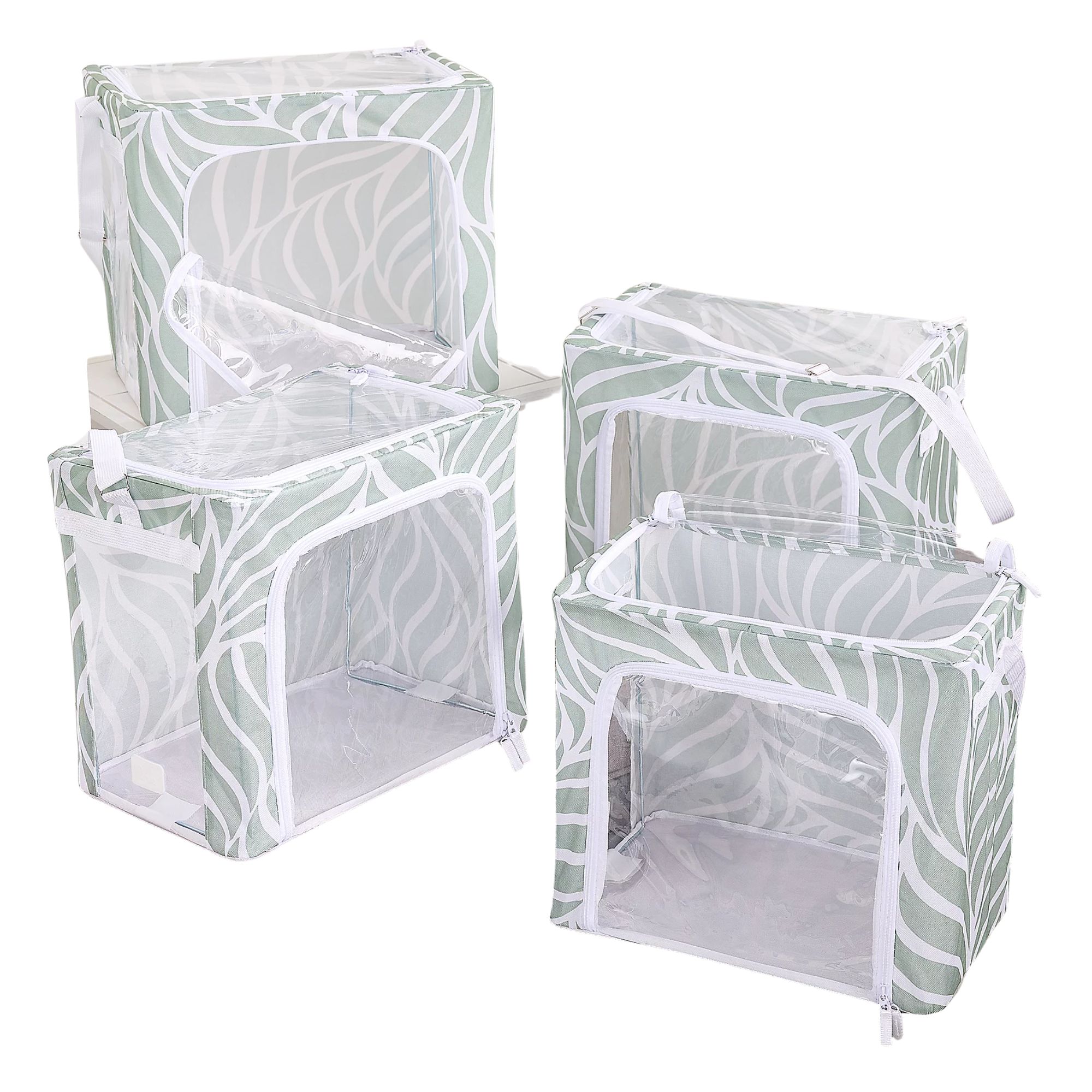 White and green QVC collapsible storage boxes.