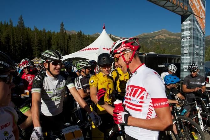 Todd Wells and Ben Sonntag chat before the start of stage one of the six day Breck Epic