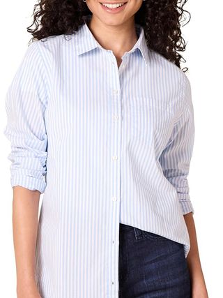 Amazon Essentials Women's Classic-Fit Long-Sleeve Button-Down Poplin Shirt, French Blue White Stripes, M