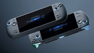 Two Ayaneo Next 2 handhelds with one upright and one behind with triggers facing downwards.