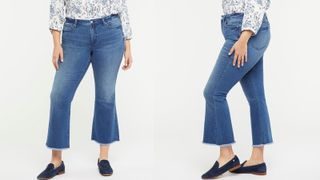 ankle skimming flared jeans in mid blue wash with frayed hem on a curvy woman