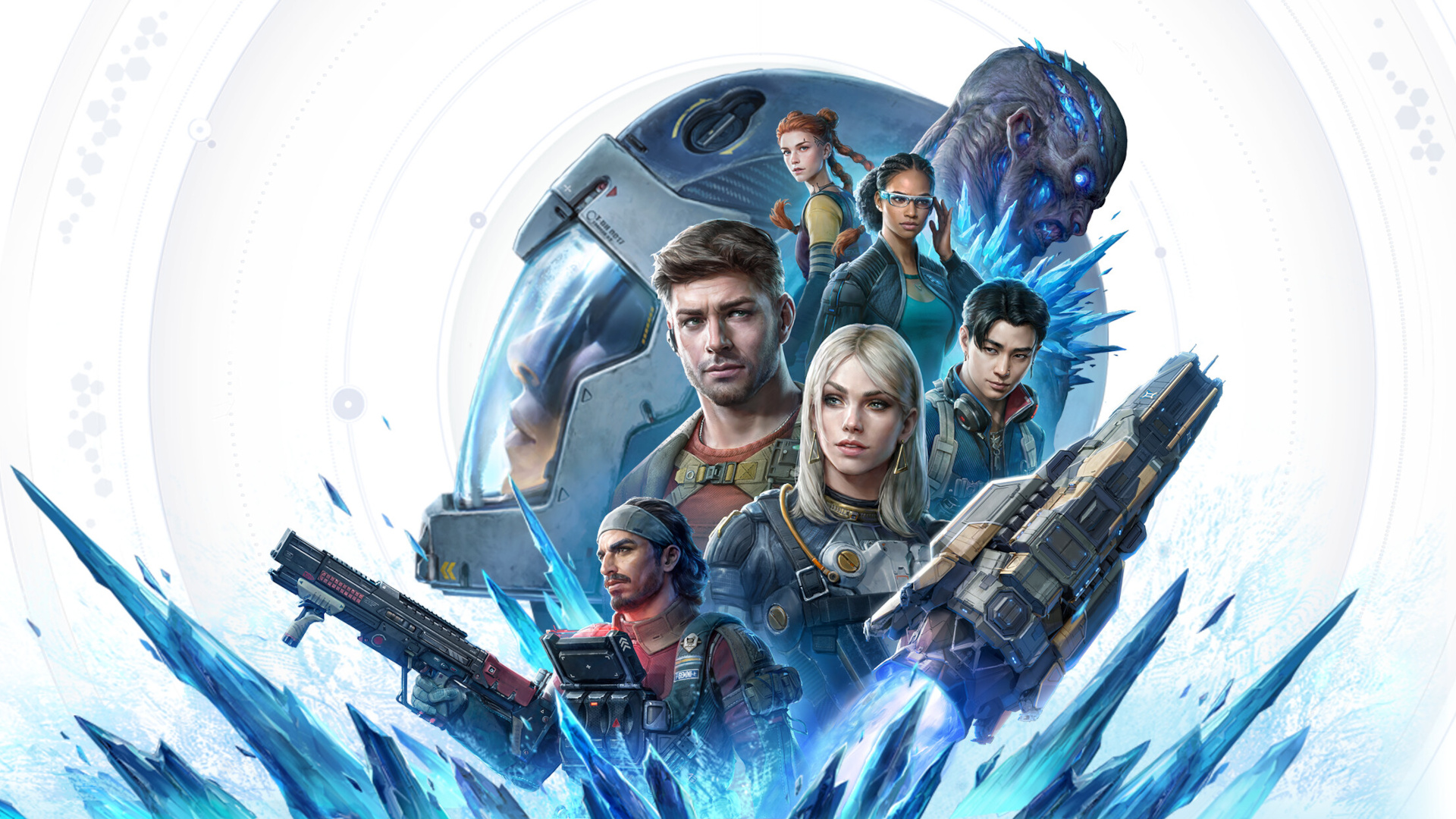 Key art for The Expanse: Osiris Reborn showing a montage of character with a crystal explosion beneath them on a white background