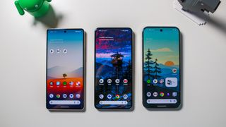 Google Pixel 9 Pro XL next to Pixel 8 Pro and Pixel 7 Pro showing displays