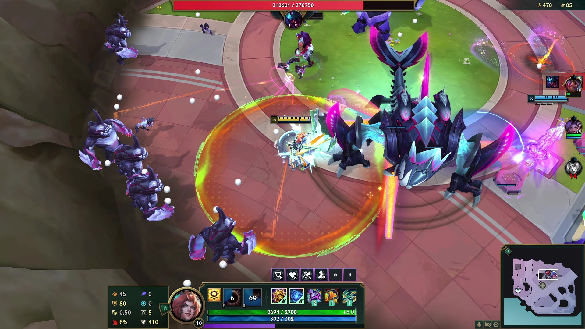 An AoE attack in League of Legends' Swarm mode.
