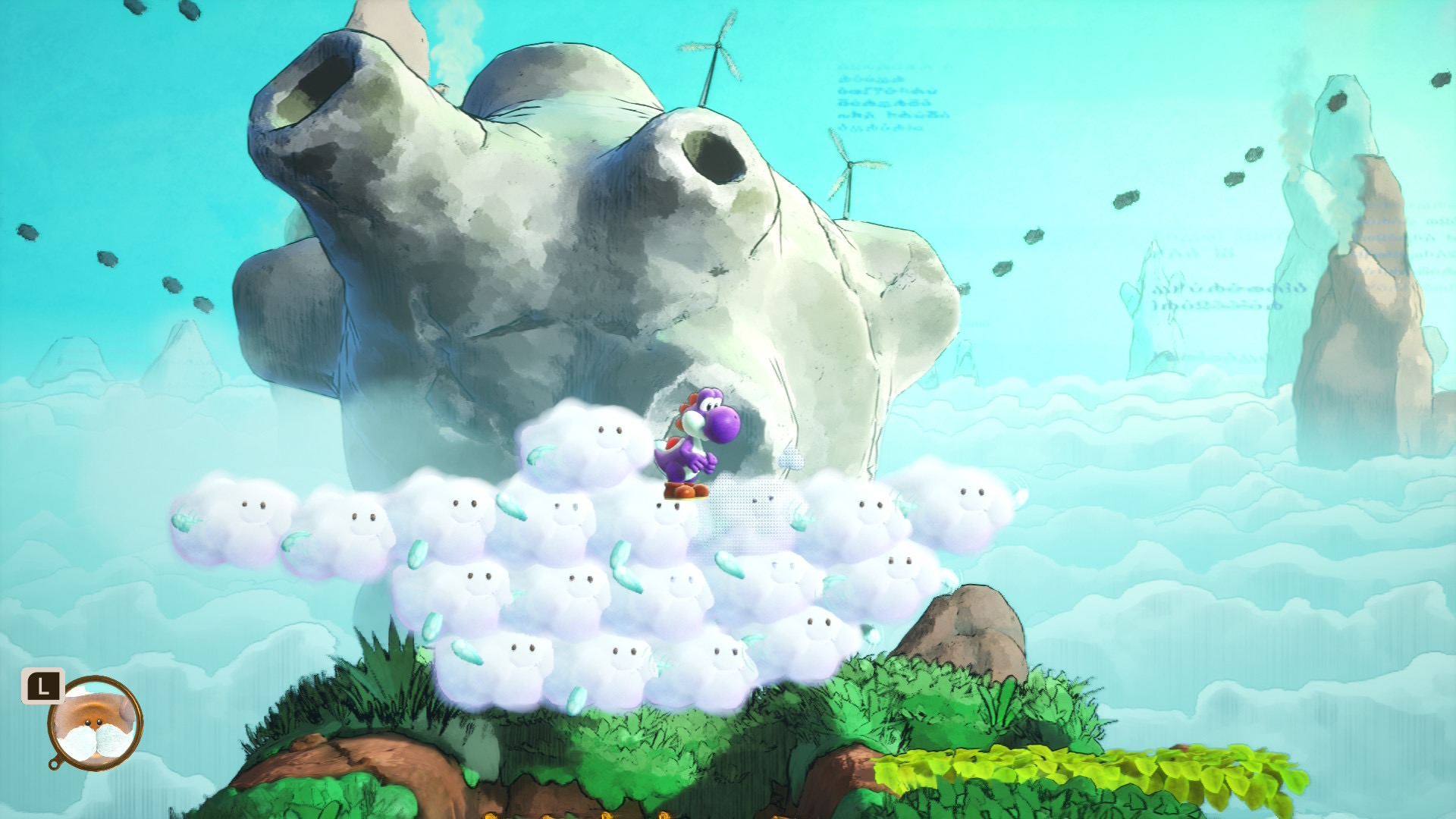 In Yoshi and the Mysterious Book, a purple Yoshi stands on a group of creatures that take the form of clouds with wings and faces
