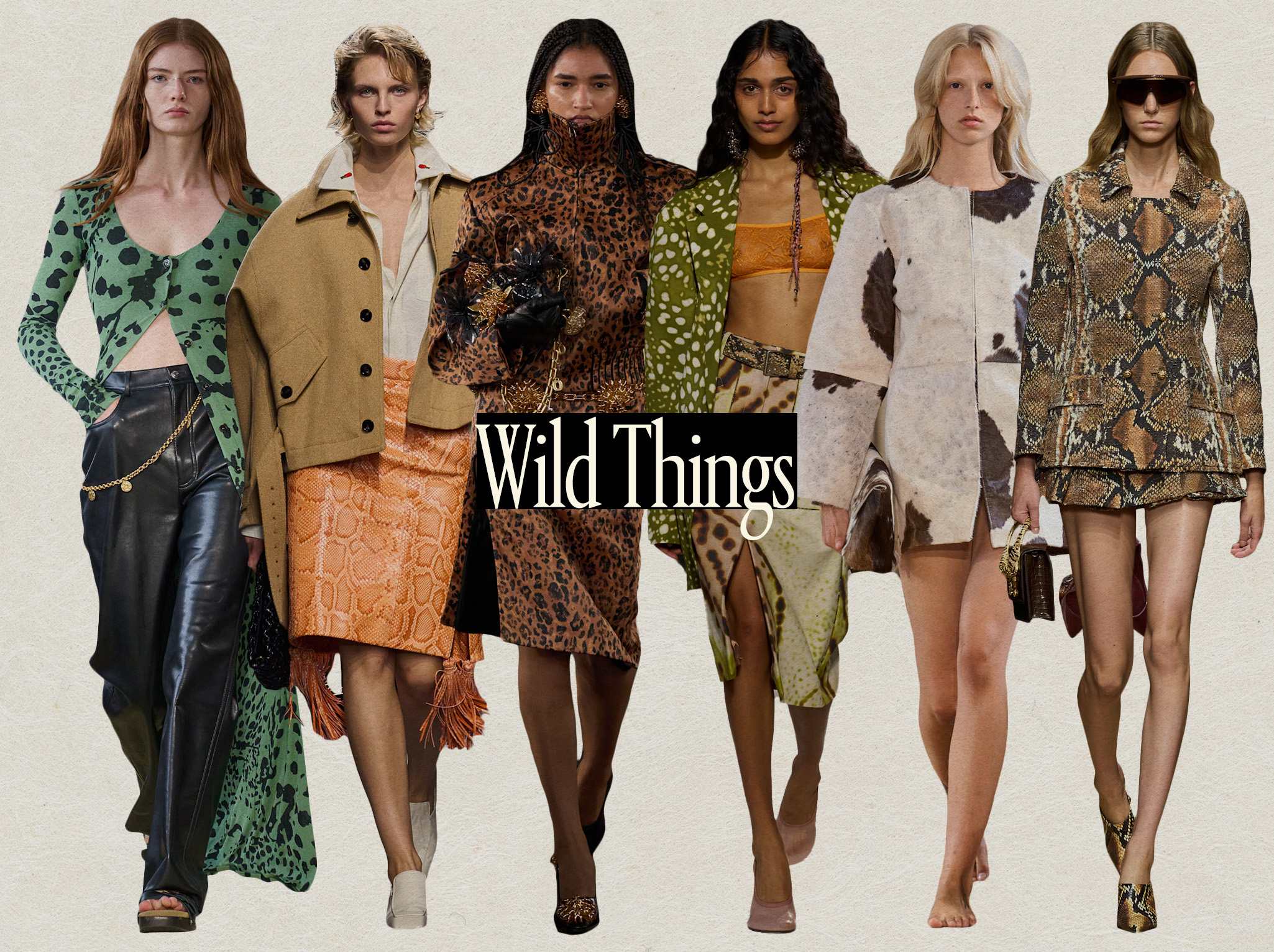 A collage of runway images showing animal print clothing in the collections of Nanushka, Bottega Veneta, Palomo, Dries Van Noten, Gestuz, and Roberto Cavalli.