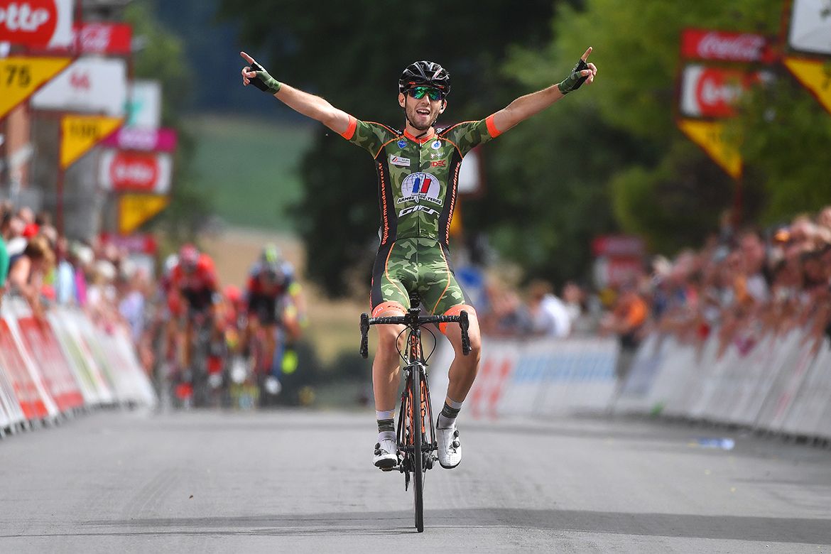 Benjamin Thomas celebrates a Tour de Wallonie stage victory.