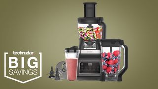 The Ninja 3-in-1 Food Processor with Auto IQ BN800UK on a khaki background