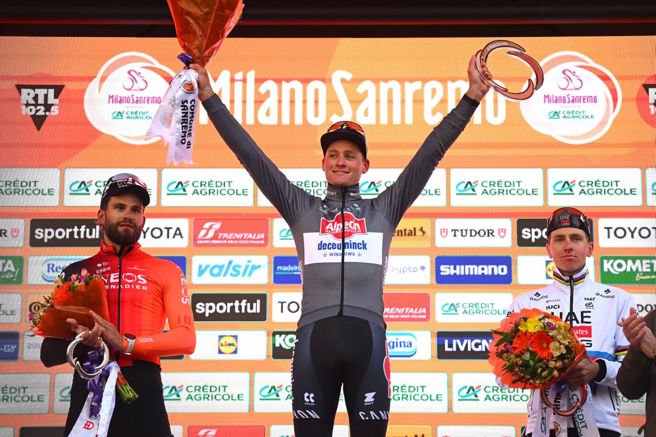 Mathieu Van der Poel tops the podium, flanked by Filippo Ganna (left) and Tadej Pogačar