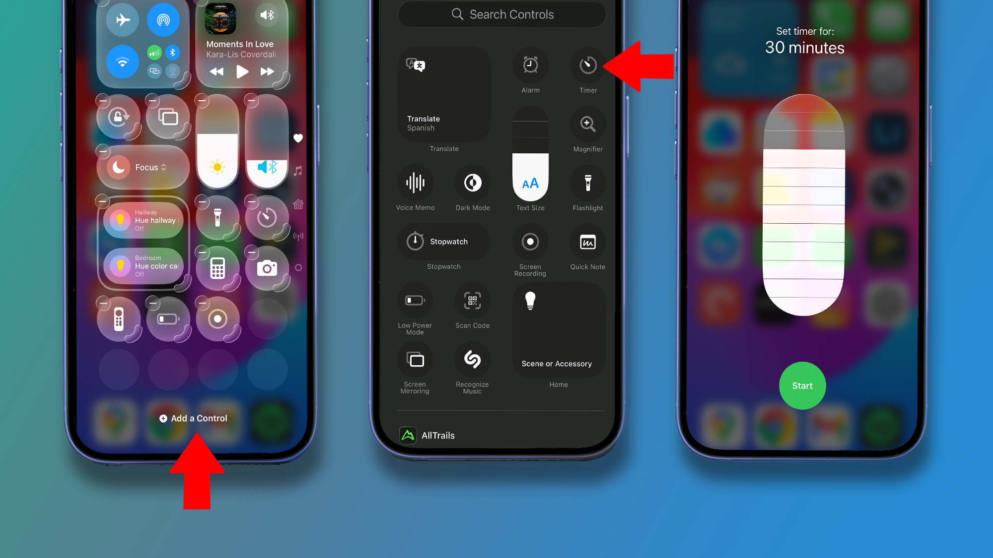 Three iPhones on a green and blue background showing the process for setting a timer in Control Center