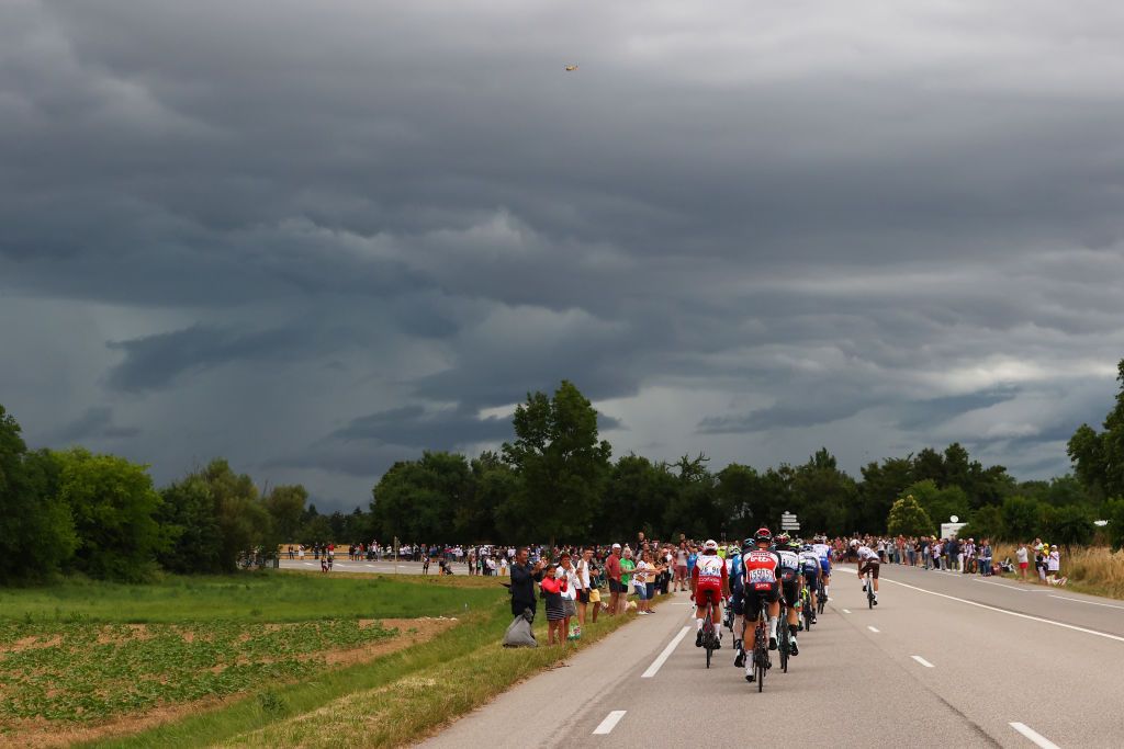 VALENCE FRANCE JULY 06 Back of The peloton at arrival during the 108th Tour de France 2021 Stage 10 a 1907km stage from Albertville to Valence Landscape LeTour TDF2021 on July 06 2021 in Valence France Photo by Michael SteeleGetty Images