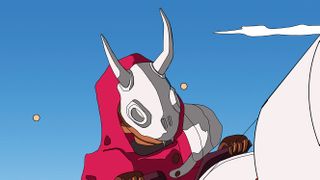 Mix Procreate and Unity to create game art; a sci-fi character in a horned red mask and hood