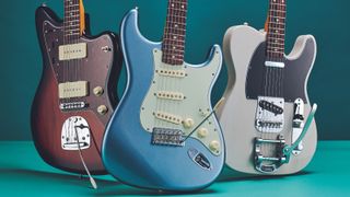 Fender Jazzmaster, Stratocaster, and Telecaster on a aquamarine background